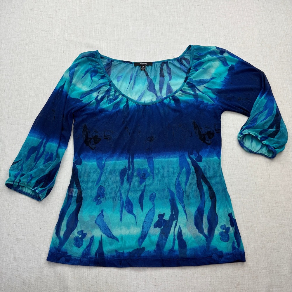 Express Mesh Top Womens Medium Blue Abstract Sheer 3/4 Sleeve Y2K Mermaidcore